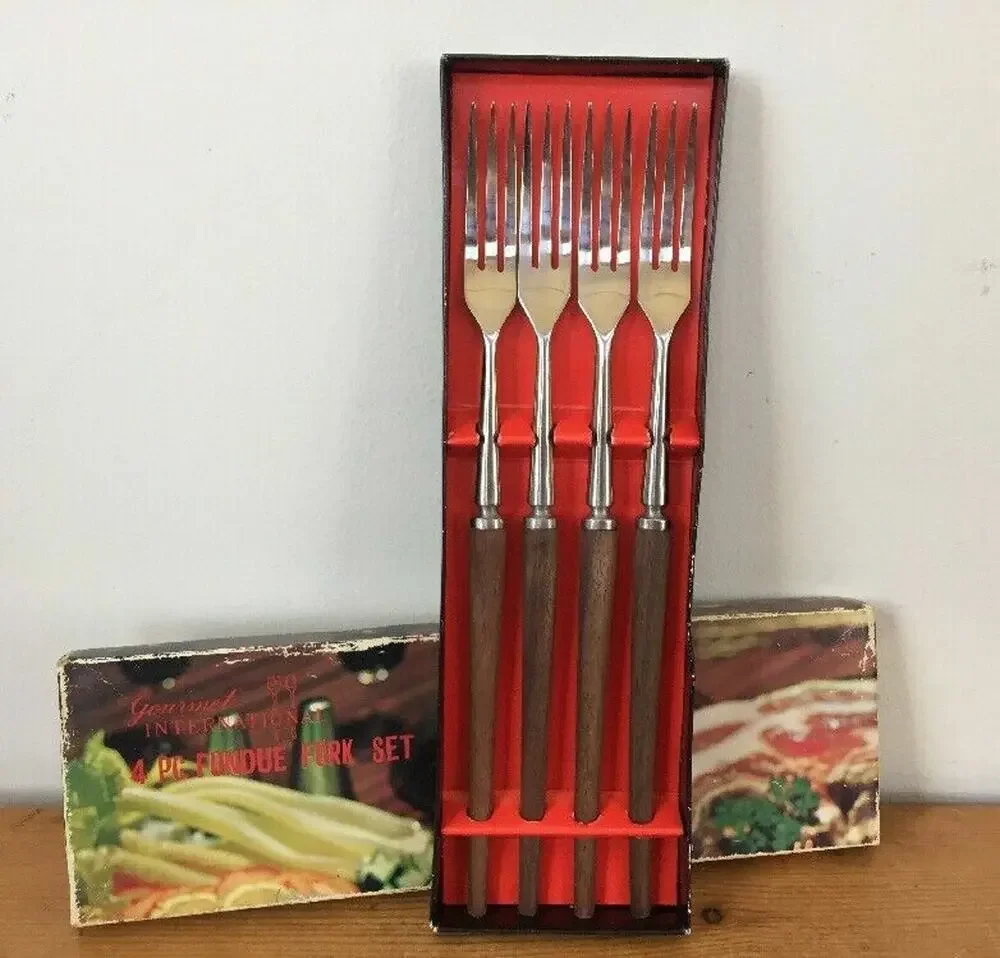 Set 4 Vtg Mid Century Canoe Muffin Japanese Stainless Teak 3 Prong Fondue Forks